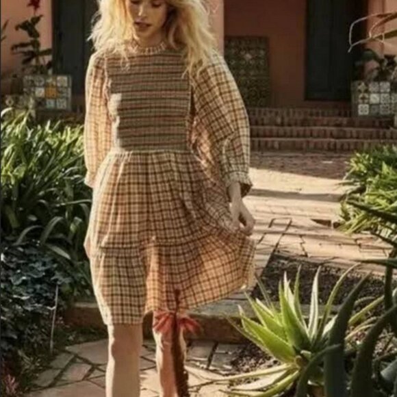 Doen Dresses & Skirts - Doen Leda Dress Austin Plaid Printed Smocked Ruffle Mini New S